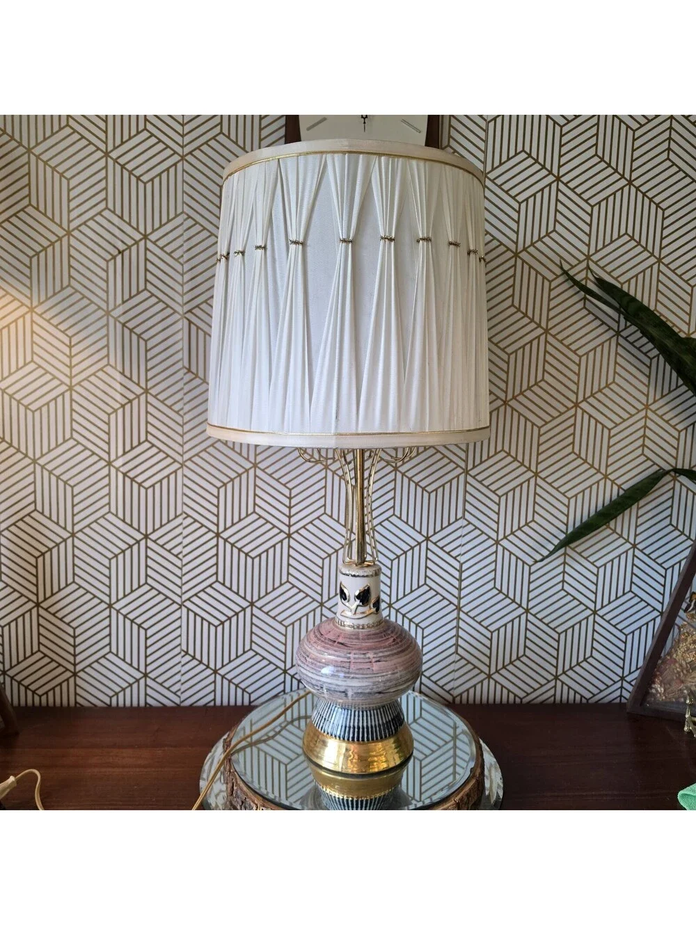 Vintage 1950s Mid Century Ceramic Lamp Pink Black Gold Atomic Wire Cage & Shade